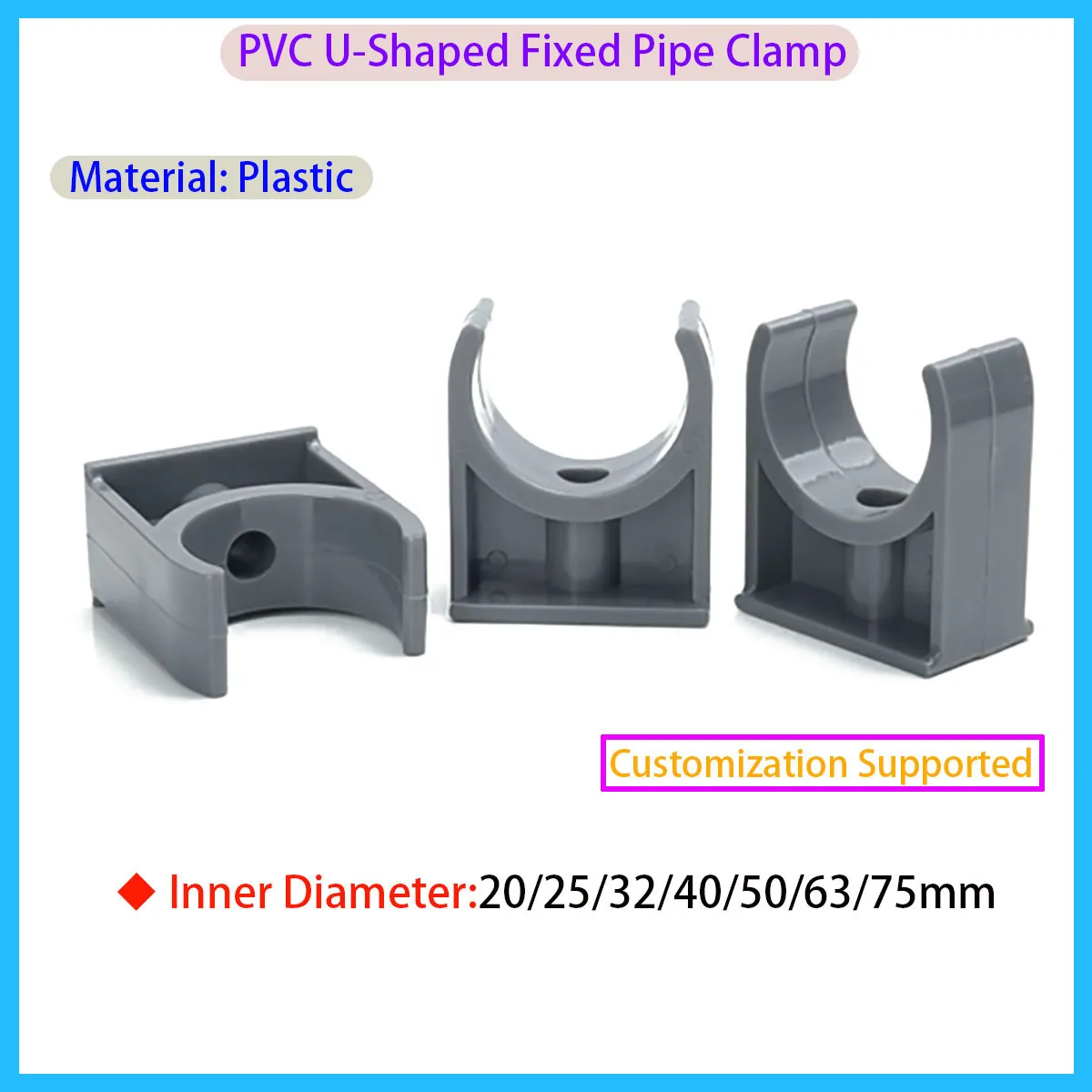 Grey PVC Plastic U-shaped Clamp Bracket Garden Water Pipe Joint Fittings 20/25/32/40/50/63/75mm
Grey PVC Plastic U-shaped Clamp Bracket Garden Water Pipe Joint Fittings 20/25/32/40/50/63/75mm