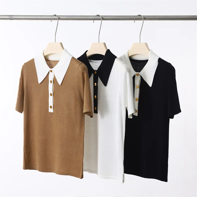 Polo Collar T-shirt Short-sleeved Wool Shirts for Women T Shirt Knitted Sweater Top Superfine Metal Copper Buckle Summer Tshirt
Polo Collar T-shirt Short-sleeved Wool Shirts for Women T Shirt Knitted Sweater Top Superfine Metal Copper Buckle Summer Tshirt