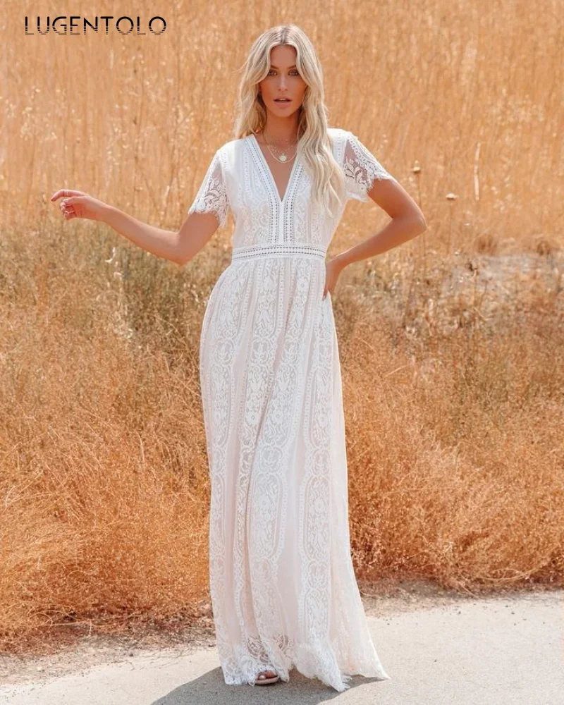 Women Lace Gauze Dress Party Short Sleeve Deep V Solid Big Swing Lady Elegant Thin Spring Summer Pullover Maxi Dresses
Women Lace Gauze Dress Party Short Sleeve Deep V Solid Big Swing Lady Elegant Thin Spring Summer Pullover Maxi Dresses