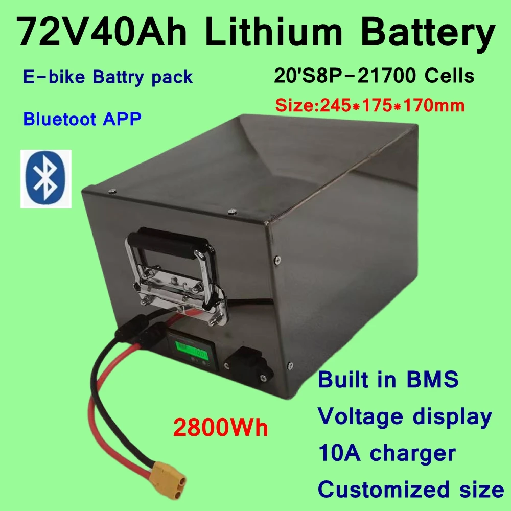 E-bike Batterie Lithium ion 72V, 40Ah avec BMS Bluetooth, pour Vélo, Scooter, Moto,e-bike + Charger 10A, 5000/3000W/14KW/20KW.
E-bike Batterie Lithium ion 72V, 40Ah avec BMS Bluetooth, pour Vélo, Scooter, Moto,e-bike + Charger 10A, 5000/3000W/14KW/20KW.