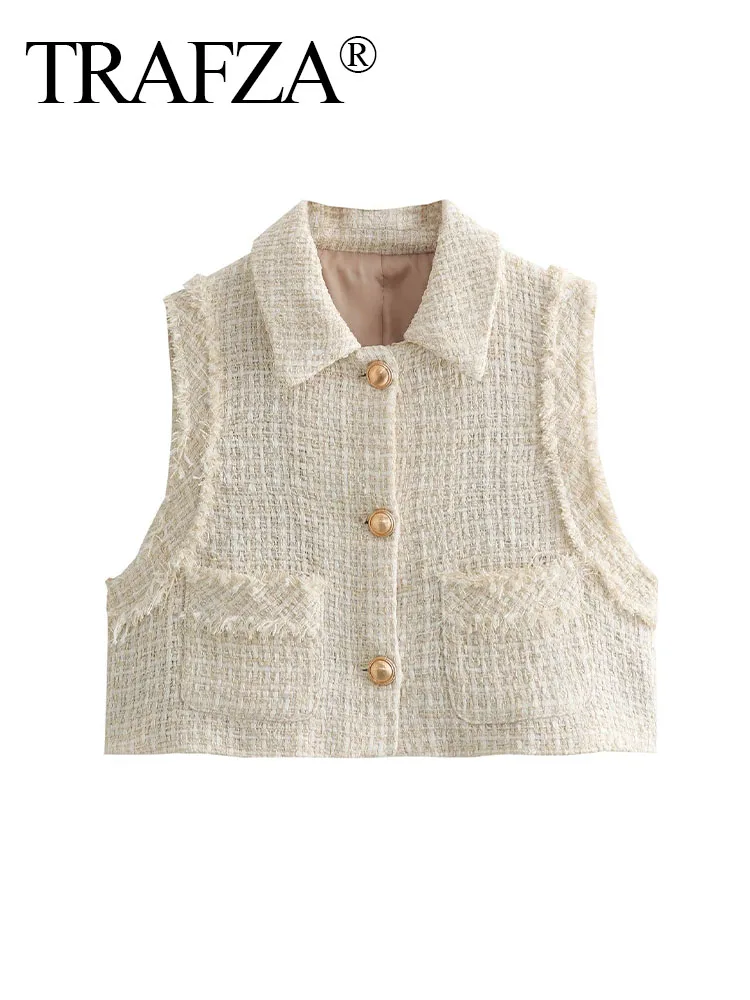 TRAFZA Woman 2024 Trendy Solid Turn-Down Collar Sleeveless Frayed Pockets Single Breasted Summer Short Vests Female Casual Tops
TRAFZA Woman 2024 Trendy Solid Turn-Down Collar Sleeveless Frayed Pockets Single Breasted Summer Short Vests Female Casual Tops