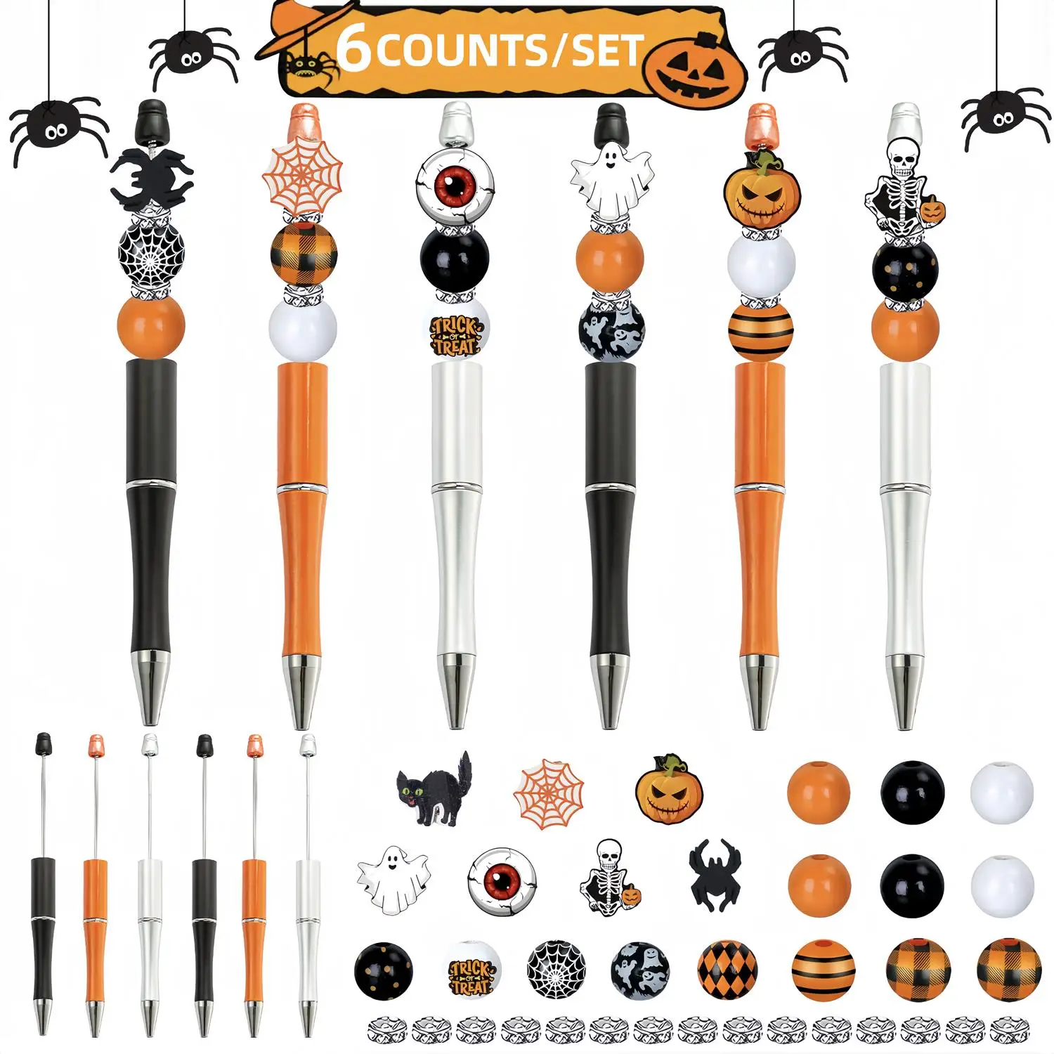 6 pcs/set Halloween DIY Ballpoint Pens, Pumpkin Skull Black Cat Devil Theme DIY Beaded Pen Set
6 pcs/set Halloween DIY Ballpoint Pens, Pumpkin Skull Black Cat Devil Theme DIY Beaded Pen Set