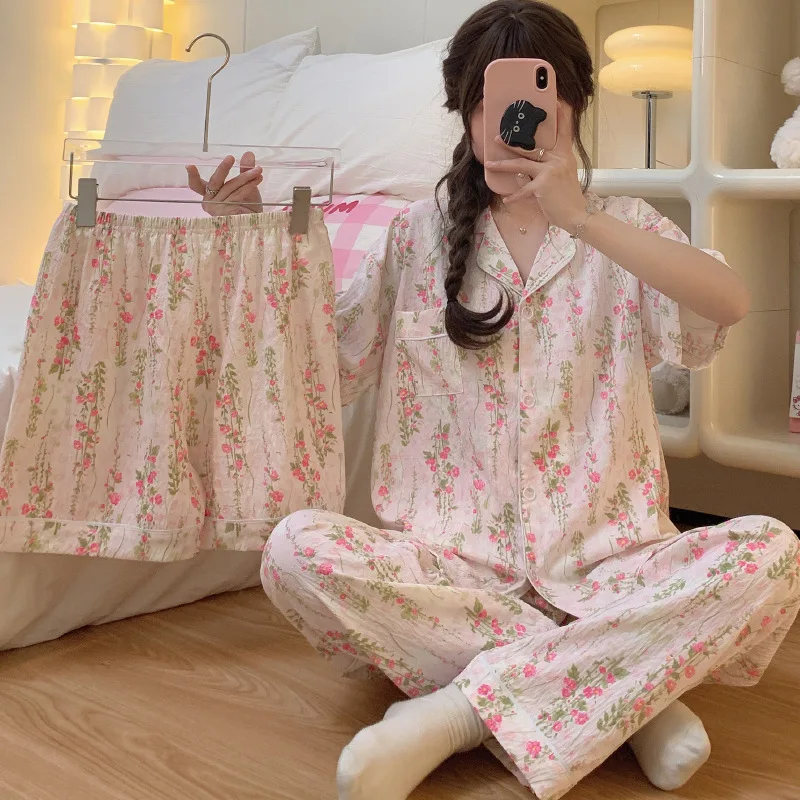 New Women's Pajama Set Short Sleeve+Shorts+Pants 3-Piece Pajama Women's Cardigan Home Clothes Cute Homewear Festival Gift
New Women's Pajama Set Short Sleeve+Shorts+Pants 3-Piece Pajama Women's Cardigan Home Clothes Cute Homewear Festival Gift