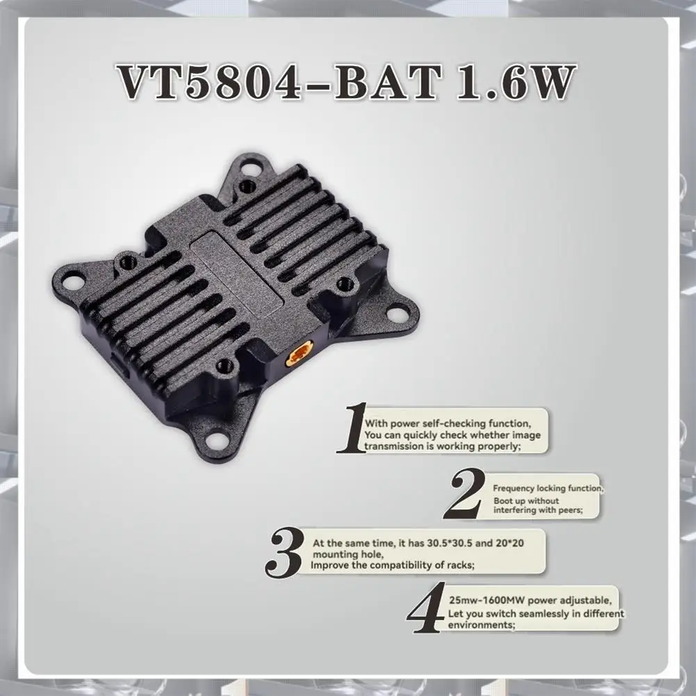 A84F-5.8G 1.6W 800Mw VTX VT5804-BAT FPV Video Audio Transmitter 48CH For FPV Long Range Drone RC Airplane
A84F-5.8G 1.6W 800Mw VTX VT5804-BAT FPV Video Audio Transmitter 48CH For FPV Long Range Drone RC Airplane