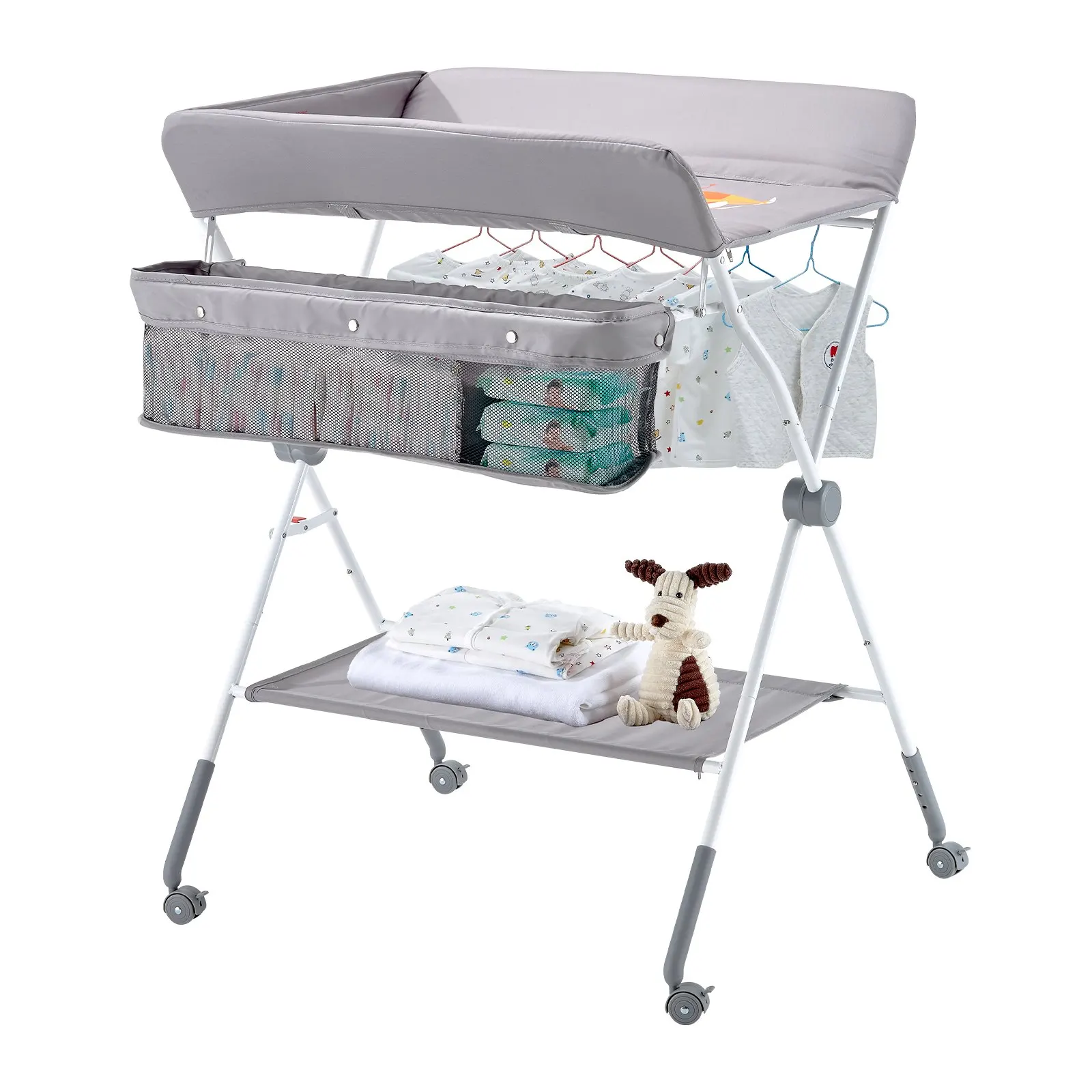 Складная станция для пеленания с боковой корзиной и колесами, светло-серая
Складная станция для пеленания с боковой корзиной и колесами, светло-серая