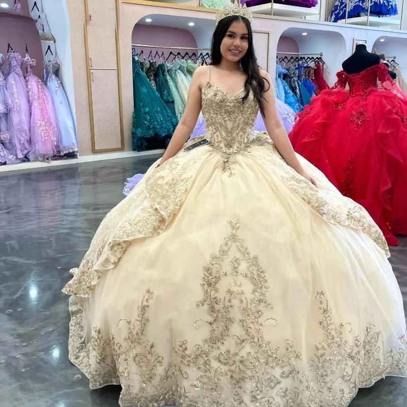 Customized Light Champagne Quinceanera Dresses Ball Gown Spaghetti Strap Sequins Lace Applique Beading Corset Sweet 16
Customized Light Champagne Quinceanera Dresses Ball Gown Spaghetti Strap Sequins Lace Applique Beading Corset Sweet 16