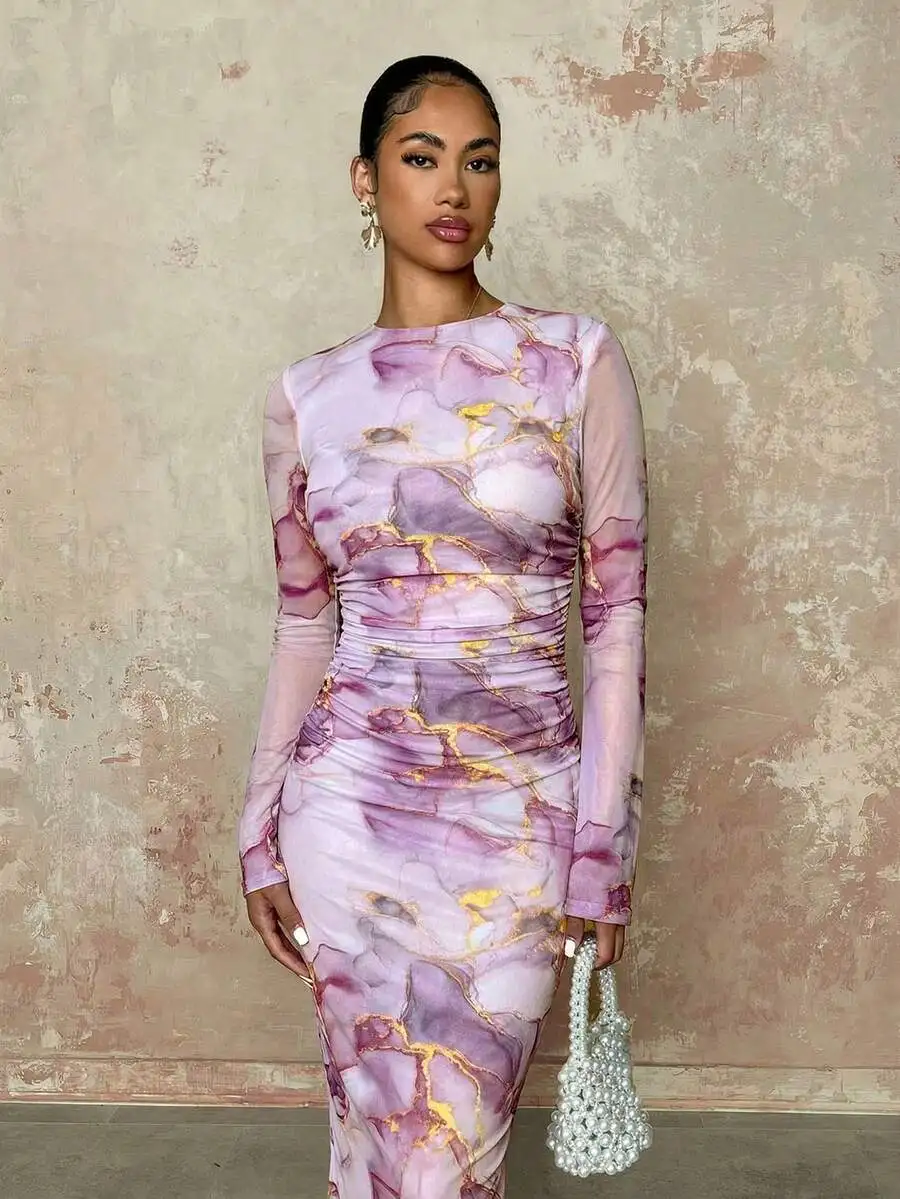 Pastel Purple Marble-Printed Fitted Midi Dress With Sheer Long Sleeves, Ruched Bodice And Draped Silhouette For Autumn Elegance
Pastel Purple Marble-Printed Fitted Midi Dress With Sheer Long Sleeves, Ruched Bodice And Draped Silhouette For Autumn Elegance