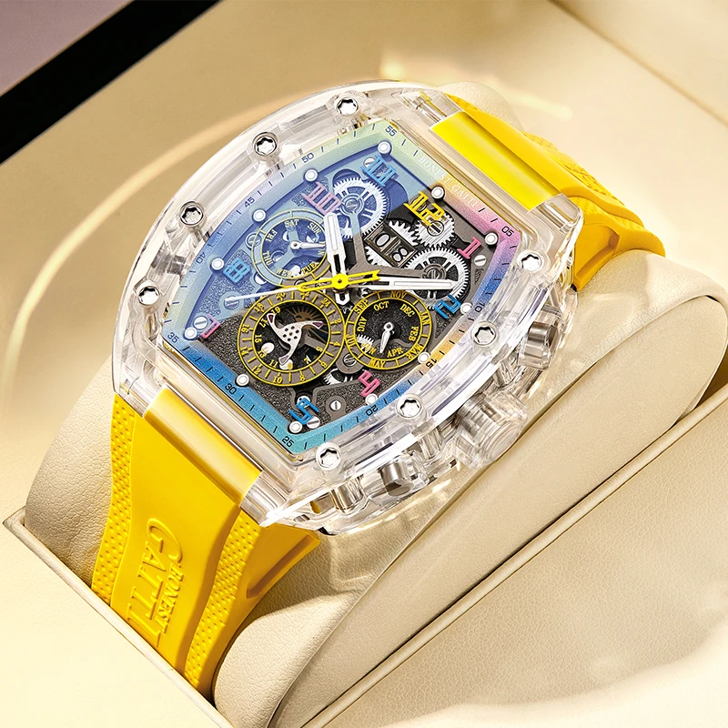 BONEST GATTI Tonneau Mechanical Wristwatch Acrylic Case Luminous Skeleton Month Week Date 24 Hours Men Automatic Watch
BONEST GATTI Tonneau Mechanical Wristwatch Acrylic Case Luminous Skeleton Month Week Date 24 Hours Men Automatic Watch