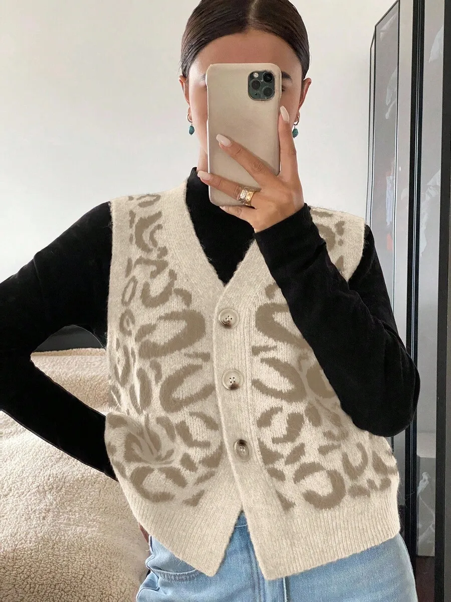 Womens Single Breasted V-Neck Leopard Print Knit Vest Sleeveless Warm Wool Top Casual Daily Wear Autumn Winter
Womens Single Breasted V-Neck Leopard Print Knit Vest Sleeveless Warm Wool Top Casual Daily Wear Autumn Winter
