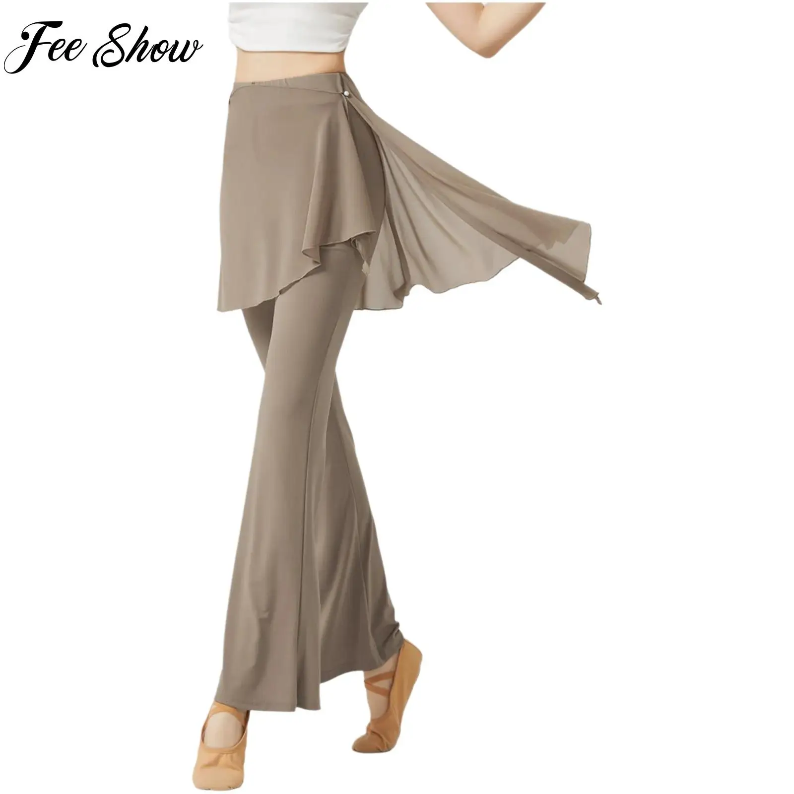 Womens Modern Lyrical Dance Pants Fake Two-piece Design Slightly Flared Long Pants with Irregular Overlay Hip Wrap Dance Clothes
Womens Modern Lyrical Dance Pants Fake Two-piece Design Slightly Flared Long Pants with Irregular Overlay Hip Wrap Dance Clothes