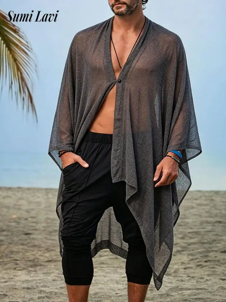 Beach Casual Breathable Mens Capes Summer Vintage V Neck Loose Mesh Cardigan Solid Color Cloaks Ice Silk Sun-proof Cover-up
Beach Casual Breathable Mens Capes Summer Vintage V Neck Loose Mesh Cardigan Solid Color Cloaks Ice Silk Sun-proof Cover-up