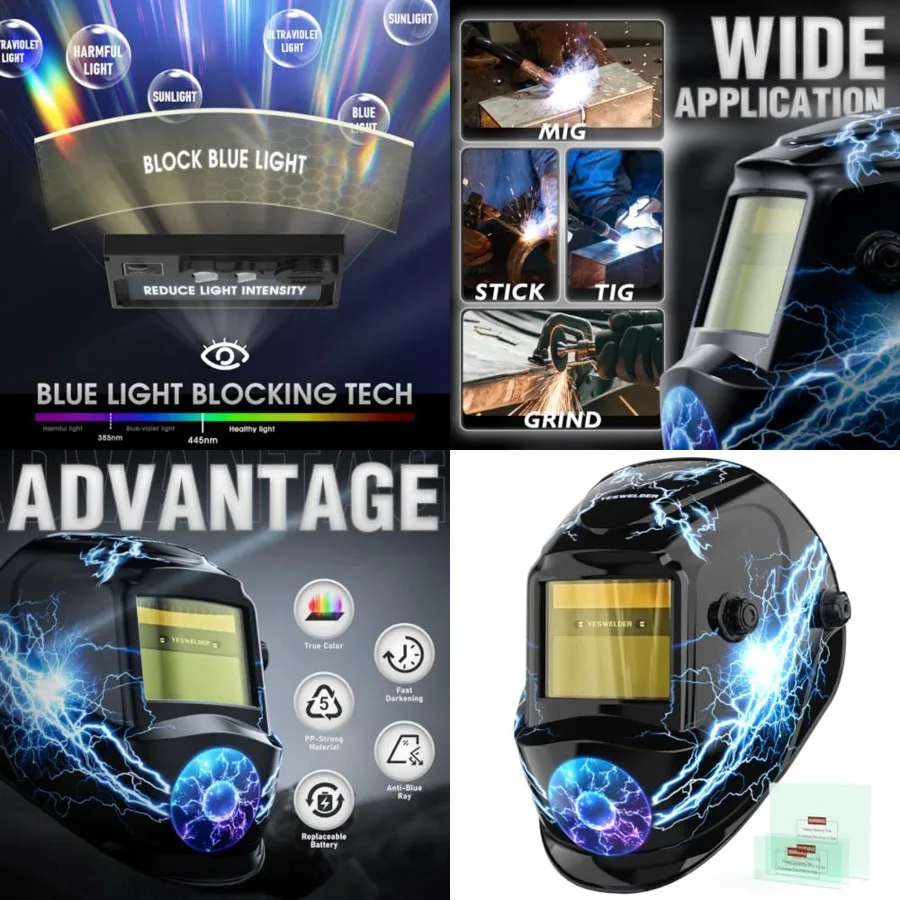Auto Darkening Welding Helmet, Blue Light Blocking, 1/1/1/1 True Color Solar Powered Welding Hood with 2 Arc Sensors, Wide Shad
Auto Darkening Welding Helmet, Blue Light Blocking, 1/1/1/1 True Color Solar Powered Welding Hood with 2 Arc Sensors, Wide Shad