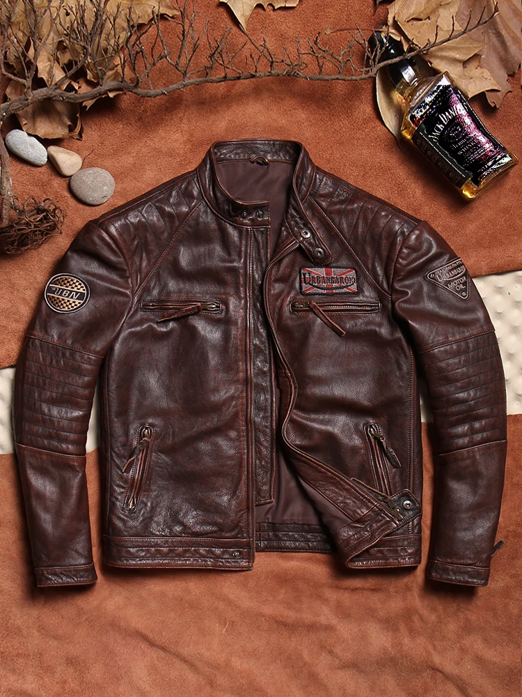 Мужское облегающее мотоциклетное пальто Urban Baron, двухцветное пальто из натуральной воловьей кожи с воротником-стойкой и чайным сердечником
Мужское облегающее мотоциклетное пальто Urban Baron, двухцветное пальто из натуральной воловьей кожи с воротником-стойкой и чайным сердечником