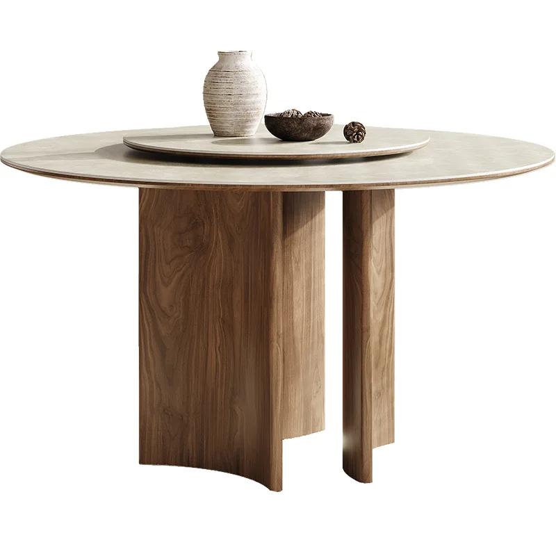 Solid wood dining table and chair combination round with turntable household rock slab round table
Solid wood dining table and chair combination round with turntable household rock slab round table