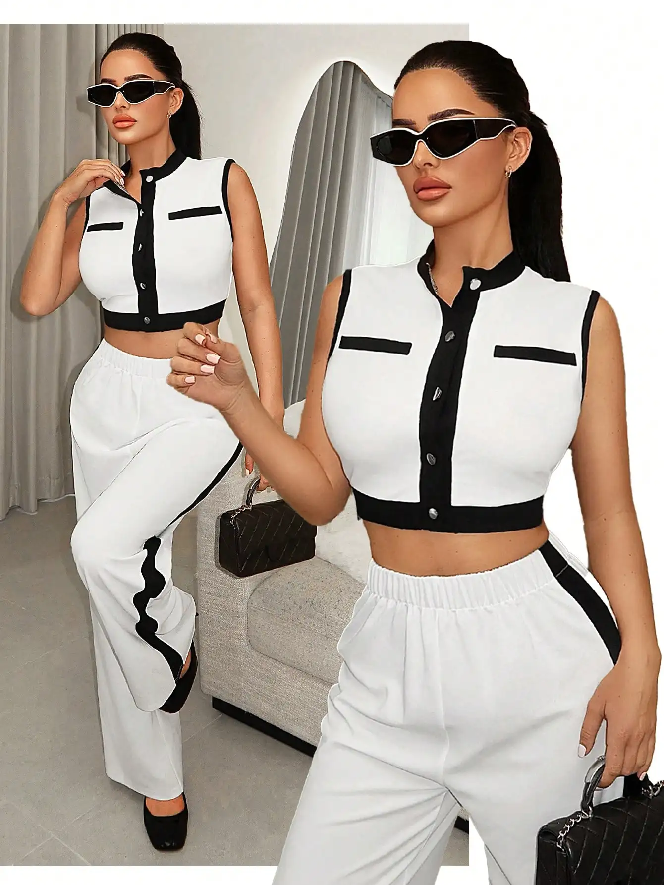 Черно-белый контрастный комплект: укороченный топ без рукавов и брюки с широкими штанинами
Черно-белый контрастный комплект: укороченный топ без рукавов и брюки с широкими штанинами
