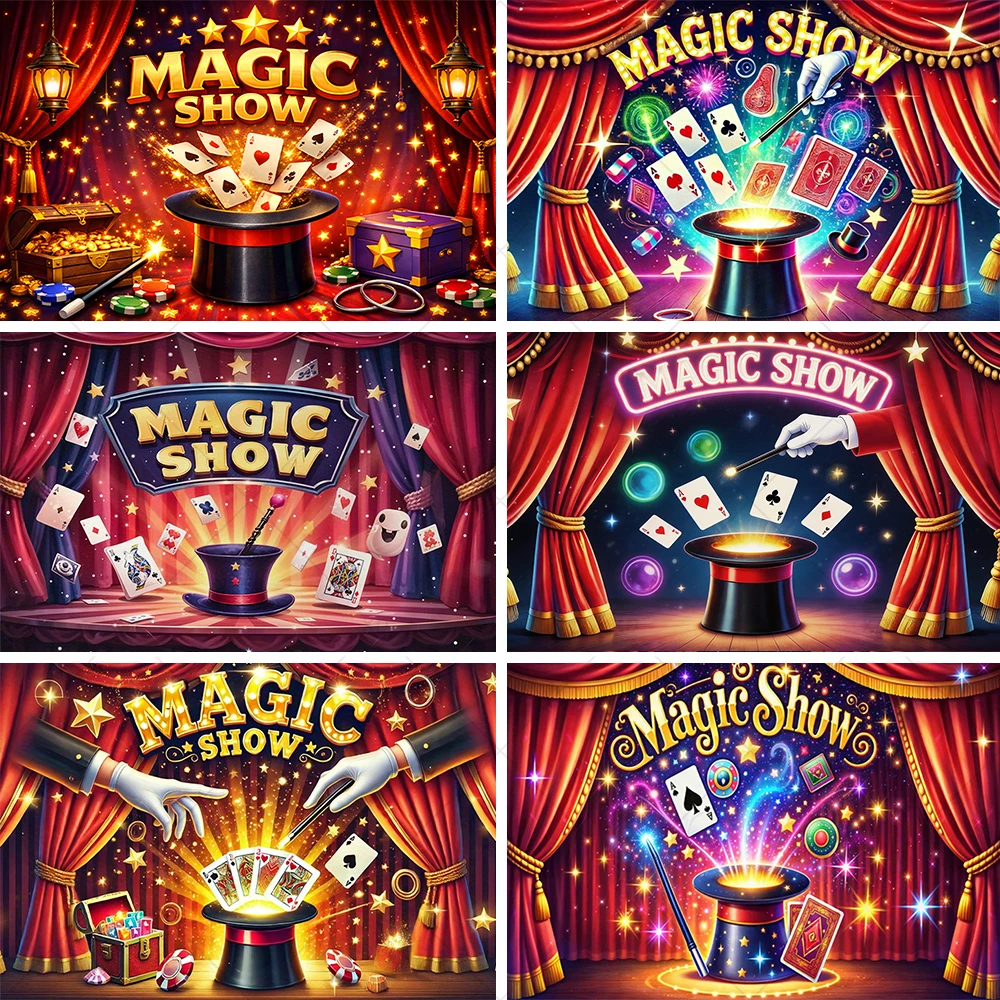 Magic Show Backdrop Red Curtain Magician Top Hat Playing Cards Party Decoration Background Kids Photography Banner Supplies Prop
Magic Show Backdrop Red Curtain Magician Top Hat Playing Cards Party Decoration Background Kids Photography Banner Supplies Prop