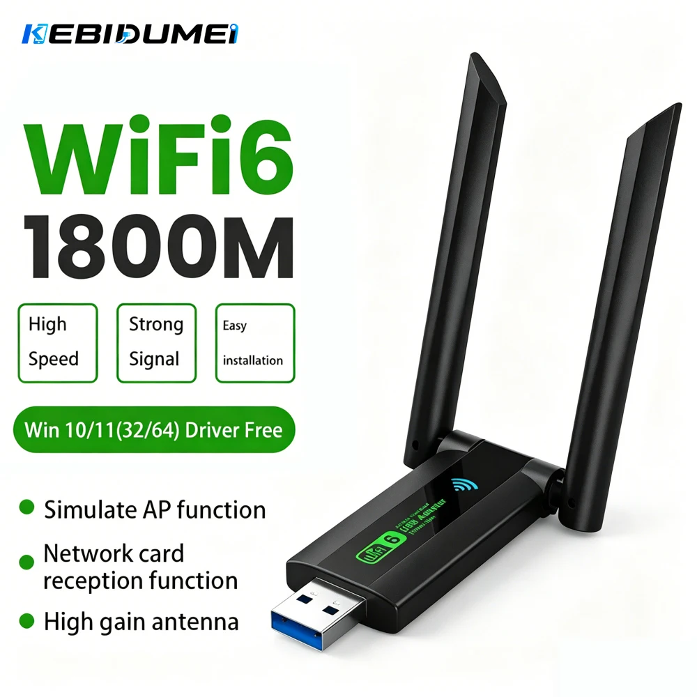 KEBIDUMEI 1800Mbps WiFi 6 USB Adapter Dual Band 2.4G/5Ghz Wireless WiFi Receiver USB 3.0 Dongle Network Card For Laptop Win10/11
KEBIDUMEI 1800Mbps WiFi 6 USB Adapter Dual Band 2.4G/5Ghz Wireless WiFi Receiver USB 3.0 Dongle Network Card For Laptop Win10/11