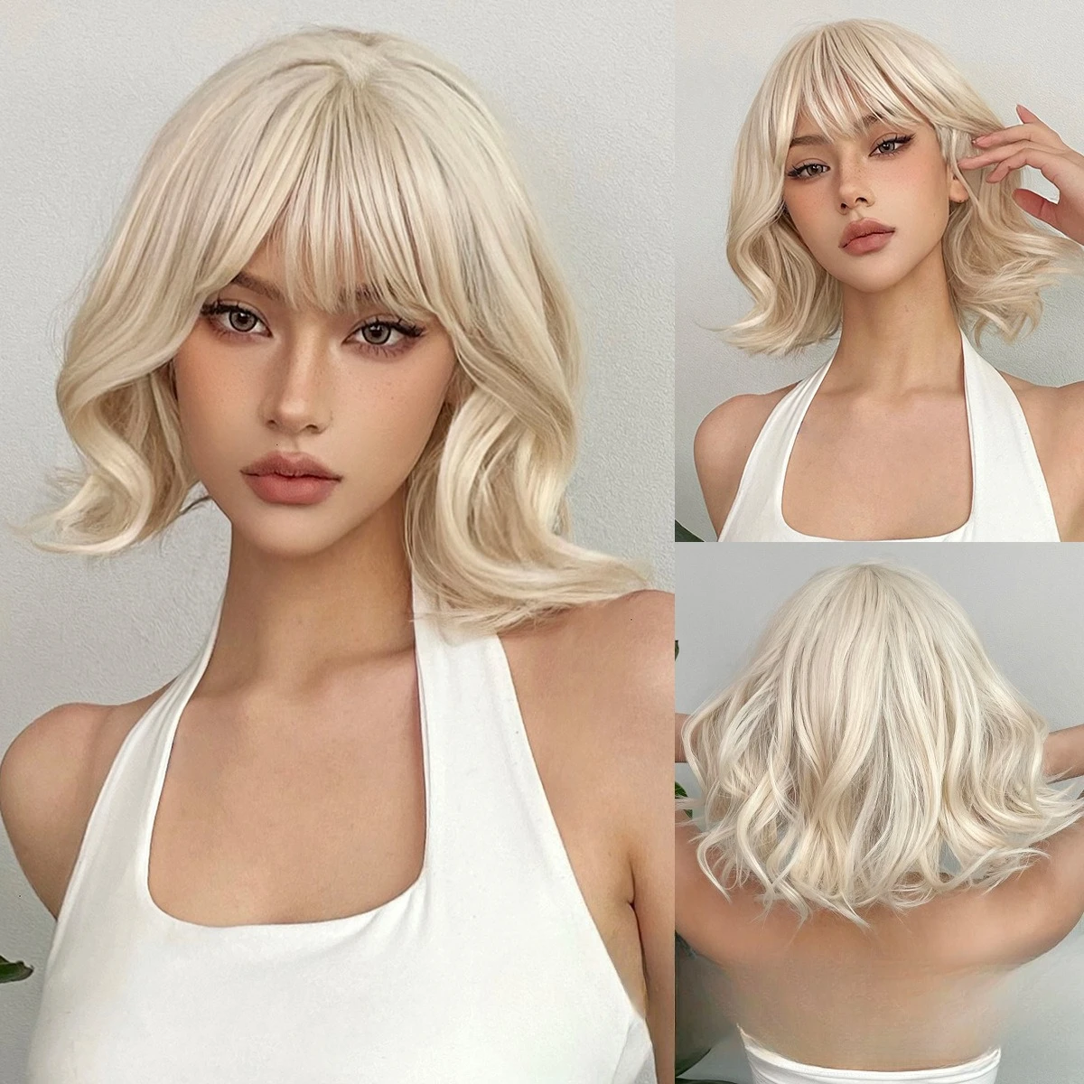 European and American wigs white gold Qi bangs bobo short curly hair festival full hood wigs
European and American wigs white gold Qi bangs bobo short curly hair festival full hood wigs