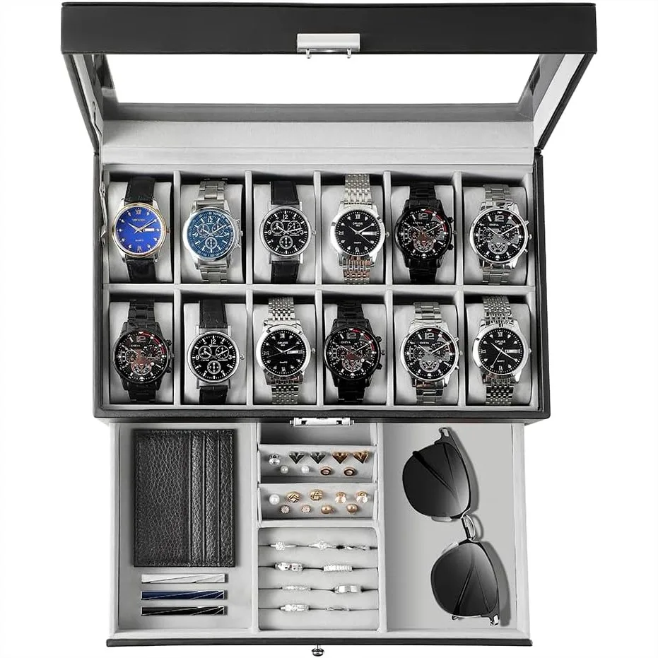 Watch Box 12 Slot Leather Jewelry Organizer with Glass Lid for Men Women
Watch Box 12 Slot Leather Jewelry Organizer with Glass Lid for Men Women