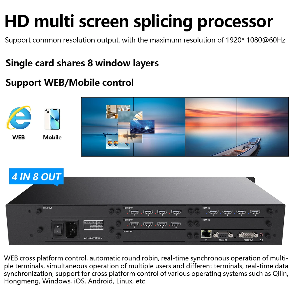 TV Video Wall Processor HD Controller 4x8 HDCP1920x1080P60Hz 4 Input 8 Out For HDMI Matrix Switcher Splicer Window WEB/RS232
TV Video Wall Processor HD Controller 4x8 HDCP1920x1080P60Hz 4 Input 8 Out For HDMI Matrix Switcher Splicer Window WEB/RS232