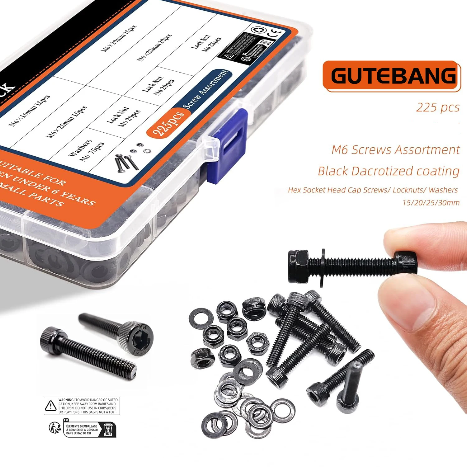 225 pieces of M6x16-30mm black screws, combined with hexagonal socket head screws, nuts and washers, set for furniture DIY proje
225 pieces of M6x16-30mm black screws, combined with hexagonal socket head screws, nuts and washers, set for furniture DIY proje