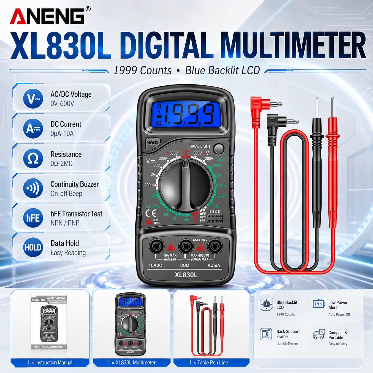 ANENG XL830L Handheld VBacklight Multimetr Tools Portable AC/DC oltage Tester Meter Digital Multimeter LCD Ammeter Voltmeter Ohm
ANENG XL830L Handheld VBacklight Multimetr Tools Portable AC/DC oltage Tester Meter Digital Multimeter LCD Ammeter Voltmeter Ohm