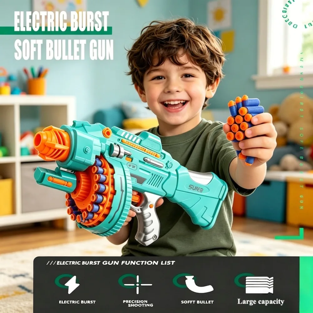 Electric Soft Bullet Gun Toy Automatic Burst Blaster with 100 Foam Darts Large Capacity Drum,for Outdoor Games & Birthday Gifts
Electric Soft Bullet Gun Toy Automatic Burst Blaster with 100 Foam Darts Large Capacity Drum,for Outdoor Games & Birthday Gifts