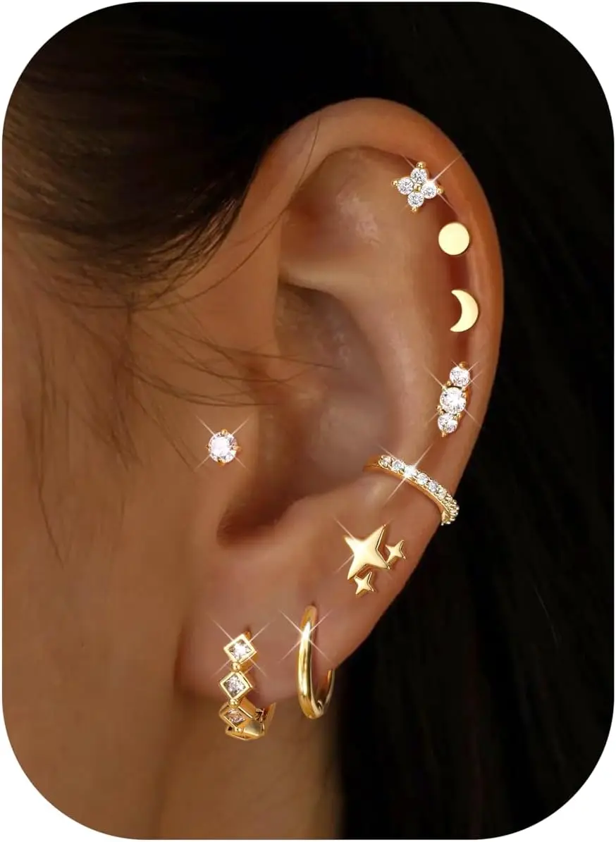 14K Gold Plated Surgical Steel 9 Pairs Flat Back Cartilage Hoops Studs for Women Hypoallergenic Lightweight Stack Jewelry
14K Gold Plated Surgical Steel 9 Pairs Flat Back Cartilage Hoops Studs for Women Hypoallergenic Lightweight Stack Jewelry