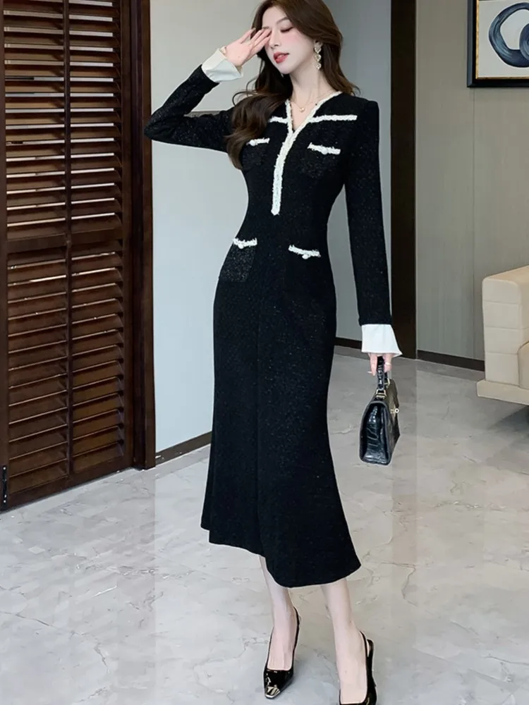 Autumn Korean Casual Mermaid Dress for Woman Fashion Turn Down Collar V Neck Slim Waist Long Sleeve Vestidos Elegant Office Robe
Autumn Korean Casual Mermaid Dress for Woman Fashion Turn Down Collar V Neck Slim Waist Long Sleeve Vestidos Elegant Office Robe