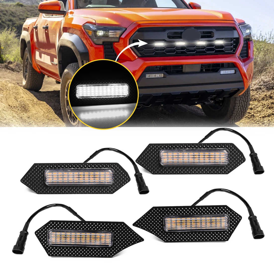 4Pcs Grill Car LED Light For Toyota Tacoma 2024 TRD Trailhunter Front Grille Lights Amber Warning Daylights DRL White Blue Red
4Pcs Grill Car LED Light For Toyota Tacoma 2024 TRD Trailhunter Front Grille Lights Amber Warning Daylights DRL White Blue Red