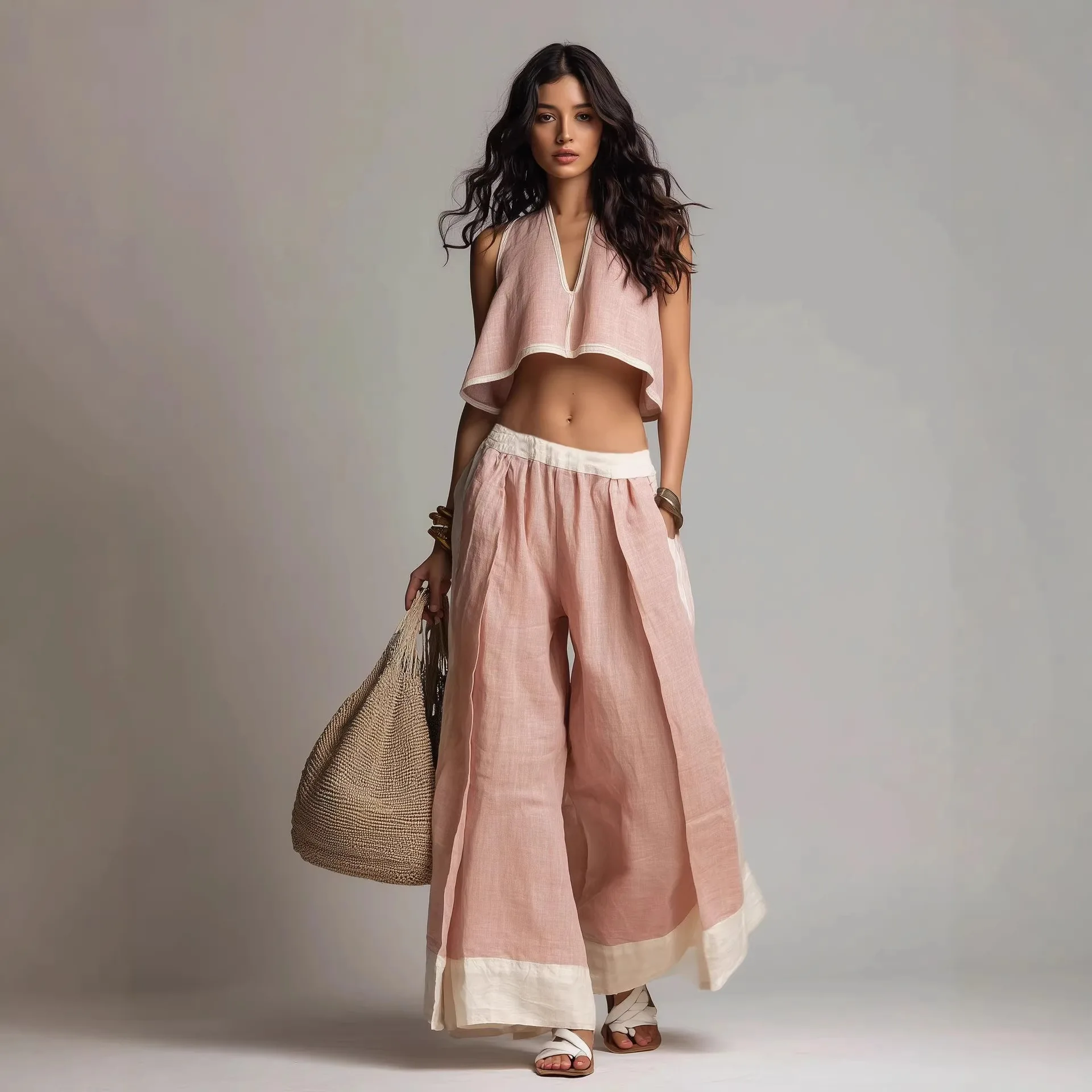 Fashion Casual Pants Set Woman Summer Halter V Neck Vest Top Wide Leg Pants Two Piece Set Loose Holiday Beach Outfit
Fashion Casual Pants Set Woman Summer Halter V Neck Vest Top Wide Leg Pants Two Piece Set Loose Holiday Beach Outfit