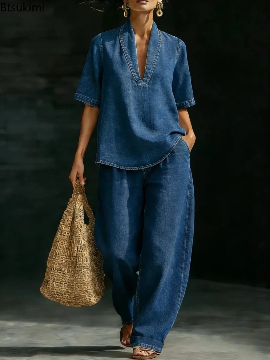 2026 Women's New Pure Color Casual Short Sleeve Vintage Comfortable V-Neck Denim Washed Leisure Suit Cotton Denim Shirt Pants
2026 Women's New Pure Color Casual Short Sleeve Vintage Comfortable V-Neck Denim Washed Leisure Suit Cotton Denim Shirt Pants