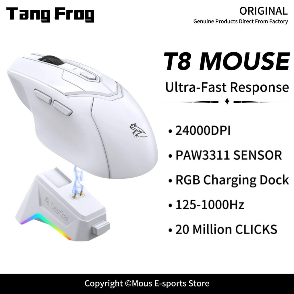 T8 Ultra-Fast Response Gaming Mouse Tang Frog Wireless Mouse RGB Charging Dock 1000Hz 6 Adjustable DPI Level for E-Sports
T8 Ultra-Fast Response Gaming Mouse Tang Frog Wireless Mouse RGB Charging Dock 1000Hz 6 Adjustable DPI Level for E-Sports