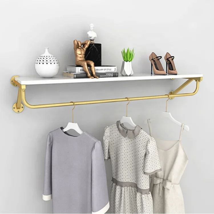 Customized Hanging Rail Gold Clothes Wall Decoration Display Rack for Boutique Clothing Shop Interior Design
Customized Hanging Rail Gold Clothes Wall Decoration Display Rack for Boutique Clothing Shop Interior Design