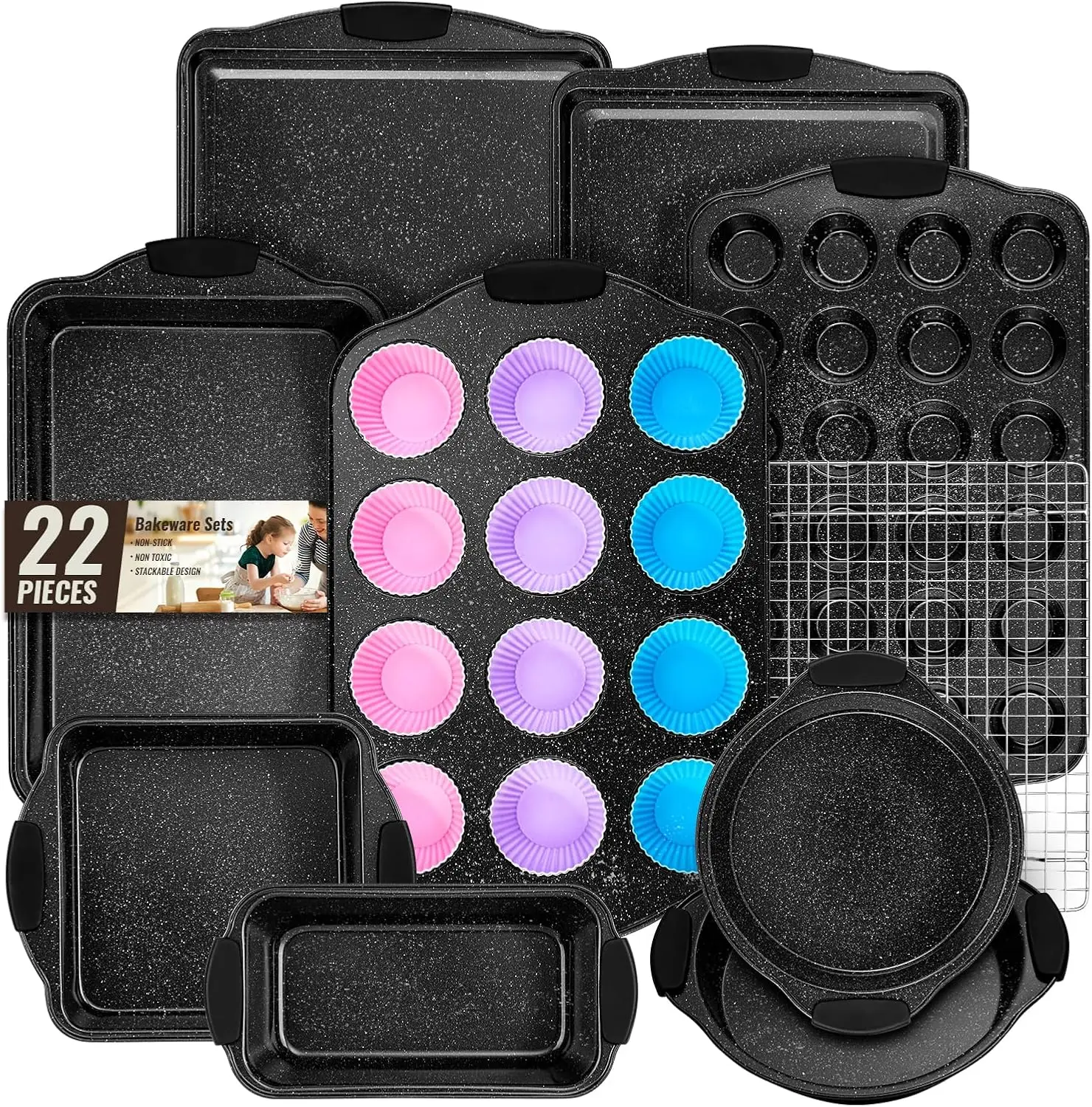 22-Piece Nonstick Bakeware Set with Silicone Handles, Stackable Oven Pans for Baking and Roasting
22-Piece Nonstick Bakeware Set with Silicone Handles, Stackable Oven Pans for Baking and Roasting