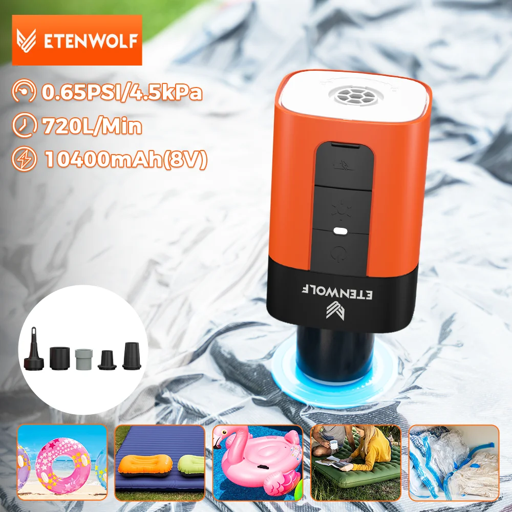 Электрический воздушный насос ETENWOLF AIR 5 PRO, 720 л/мин, 4X, быстрый, 10400 мАч, портативный воздушный насос для поплавков в бассейне
Электрический воздушный насос ETENWOLF AIR 5 PRO, 720 л/мин, 4X, быстрый, 10400 мАч, портативный воздушный насос для поплавков в бассейне