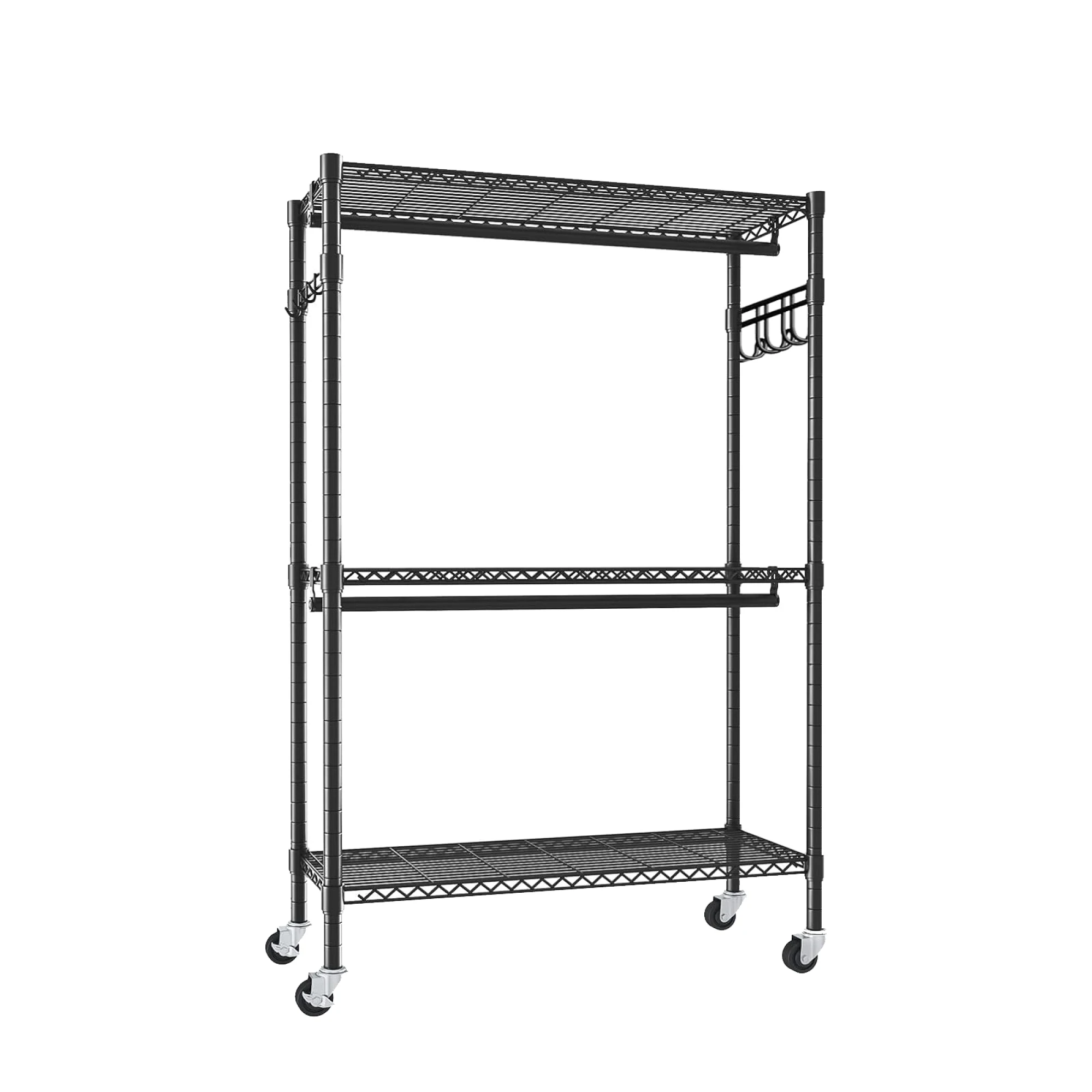 Rolling Clothes Rack, Heavy Duty Garment Rack with 2 Clothes Rails, Side Hooks and 3 Tiers Adjustable Wire Shelving for Bedroom
Rolling Clothes Rack, Heavy Duty Garment Rack with 2 Clothes Rails, Side Hooks and 3 Tiers Adjustable Wire Shelving for Bedroom