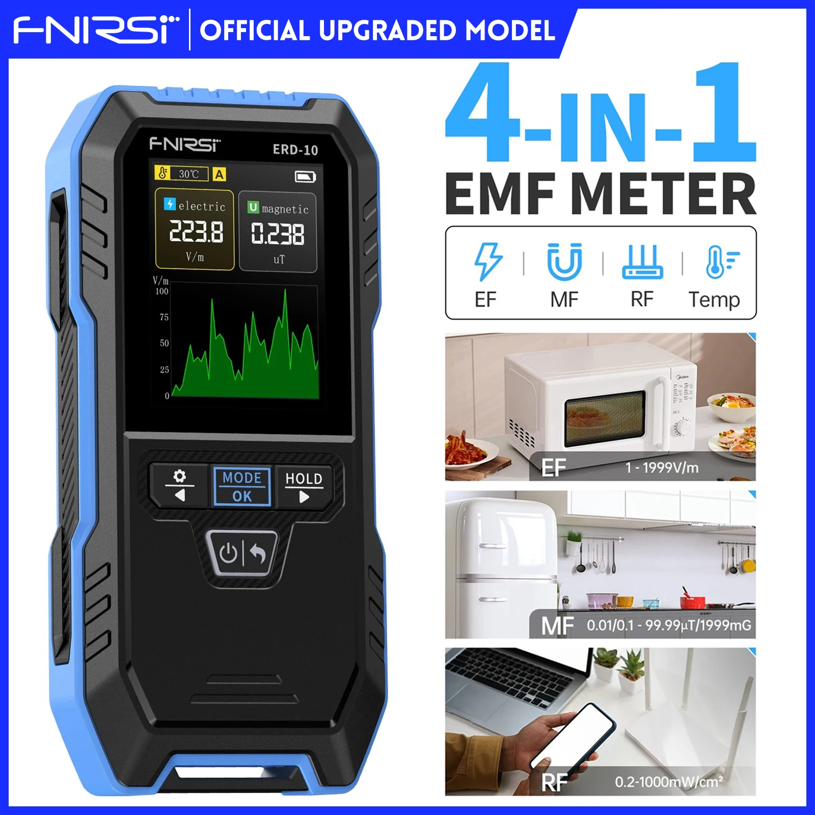 FNIRSI ERD-10 4-IN-1 Electromagnetic Radiation Detector, Electric & Magnetic Field Strength, RF Power, Temperature Monitor
FNIRSI ERD-10 4-IN-1 Electromagnetic Radiation Detector, Electric & Magnetic Field Strength, RF Power, Temperature Monitor