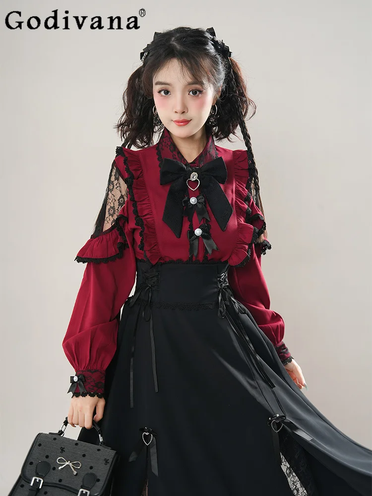 Японская новая красная рубашка с длинными рукавами Mine Mass-Produced + длинная юбка, комплект из 2 предметов, женская свободная тонкая элегантная рубашка в стиле Лолиты, юбка, наряд 
Японская новая красная рубашка с длинными рукавами Mine Mass-Produced + длинная юбка, комплект из 2 предметов, женская свободная тонкая элегантная рубашка в стиле Лолиты, юбка, наряд