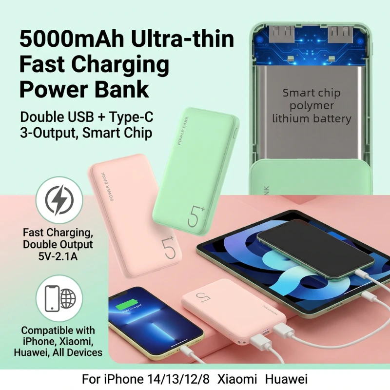 5000mAh Slim Portable Power Bank Dual USB Type C Fast Charging External Battery For iPhone Xiaomi Huawei Mobile Phone
5000mAh Slim Portable Power Bank Dual USB Type C Fast Charging External Battery For iPhone Xiaomi Huawei Mobile Phone