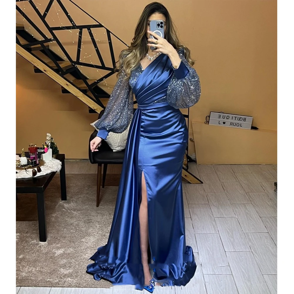 Dark Blue Evening Gownes Women's Elegant Transparent Long Sleeve Satin Mermaid Side Split Sexy V-Neck Formal Prom Dresses Party
Dark Blue Evening Gownes Women's Elegant Transparent Long Sleeve Satin Mermaid Side Split Sexy V-Neck Formal Prom Dresses Party