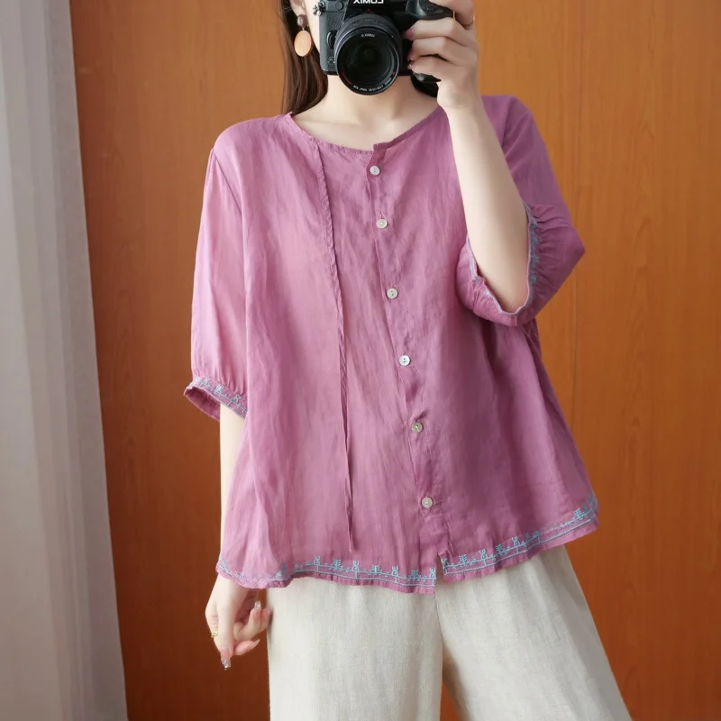 High-End Short Cotton Linen Shirt Thin Large Size Women's Summer Short Sleeve Button up Loose Fit round Neck Batwing Sleeve Top
High-End Short Cotton Linen Shirt Thin Large Size Women's Summer Short Sleeve Button up Loose Fit round Neck Batwing Sleeve Top