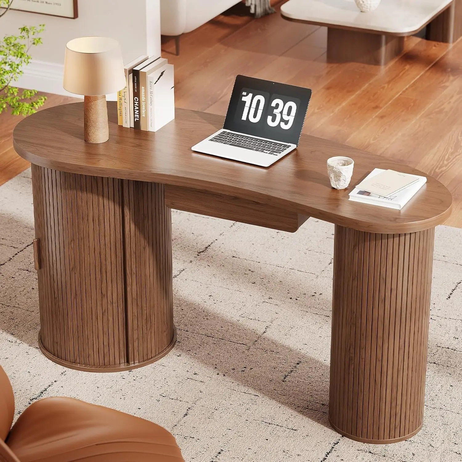 59 Inches Fluted Office Desk with Storge, Bean-Shaped Computer Desk with Drawer, Mid-Century Modern Curved Corner Desk w
59 Inches Fluted Office Desk with Storge, Bean-Shaped Computer Desk with Drawer, Mid-Century Modern Curved Corner Desk w
