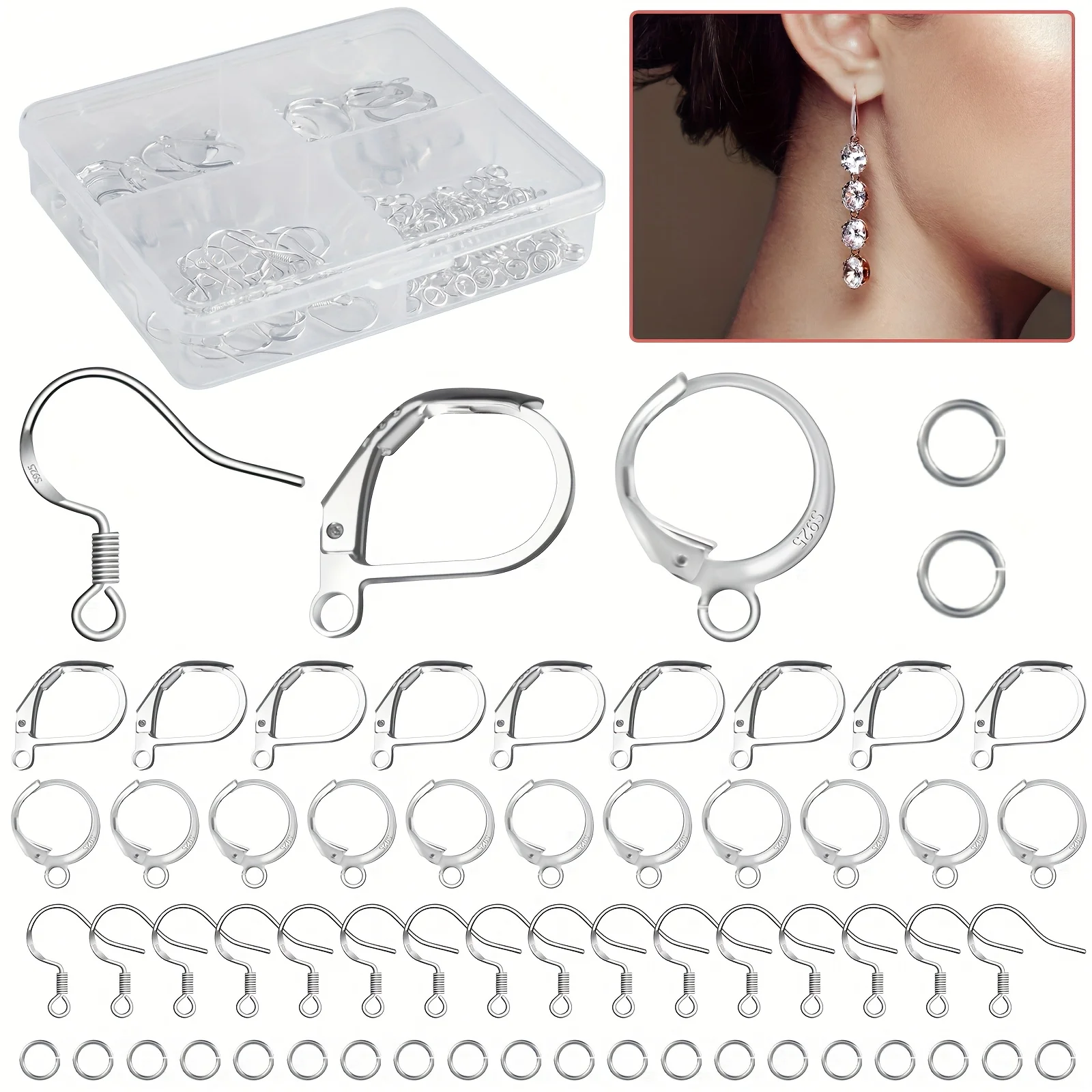 925 Silver Plated Jewelry Findings Set: 140pcs w/ 4-Slot Box (20 Ear Wires, 10 O-Rings, 10 Jump Rings, 100 Lobster Clasps)
925 Silver Plated Jewelry Findings Set: 140pcs w/ 4-Slot Box (20 Ear Wires, 10 O-Rings, 10 Jump Rings, 100 Lobster Clasps)