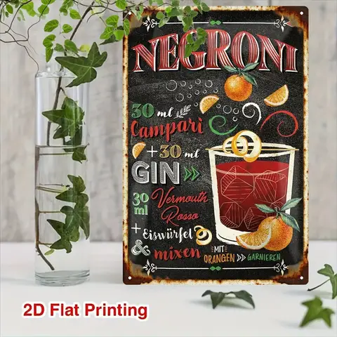 2D Flat, 1pc Retro Metal Sign Plaque | Tin Plate with Negroni Cocktail Recipe Featuring Orange Ingredients | 20*30cm/8*12inch