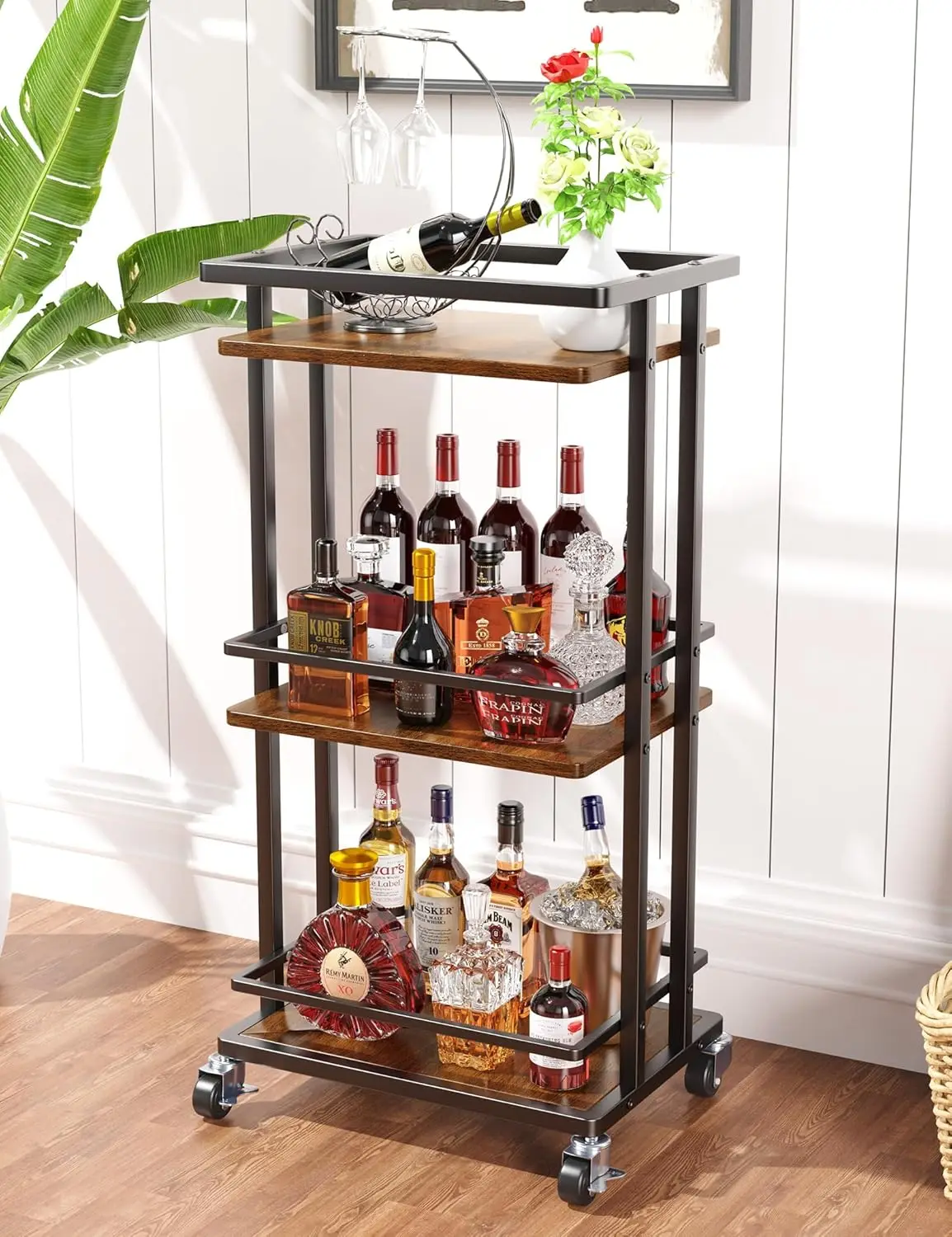 3-Tier Rolling Bar Cart with Wheels, Industrial Style Kitchen Storage Cabinet for Wine Beverage Party, Brown
3-Tier Rolling Bar Cart with Wheels, Industrial Style Kitchen Storage Cabinet for Wine Beverage Party, Brown