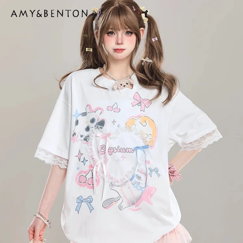 2025 Summer New Women's Top Original Age-reducing Sweet Kawaii Pink Half-sleeve Loose Versatile Cute Bow Print T-shirts Ladies
2025 Summer New Women's Top Original Age-reducing Sweet Kawaii Pink Half-sleeve Loose Versatile Cute Bow Print T-shirts Ladies
