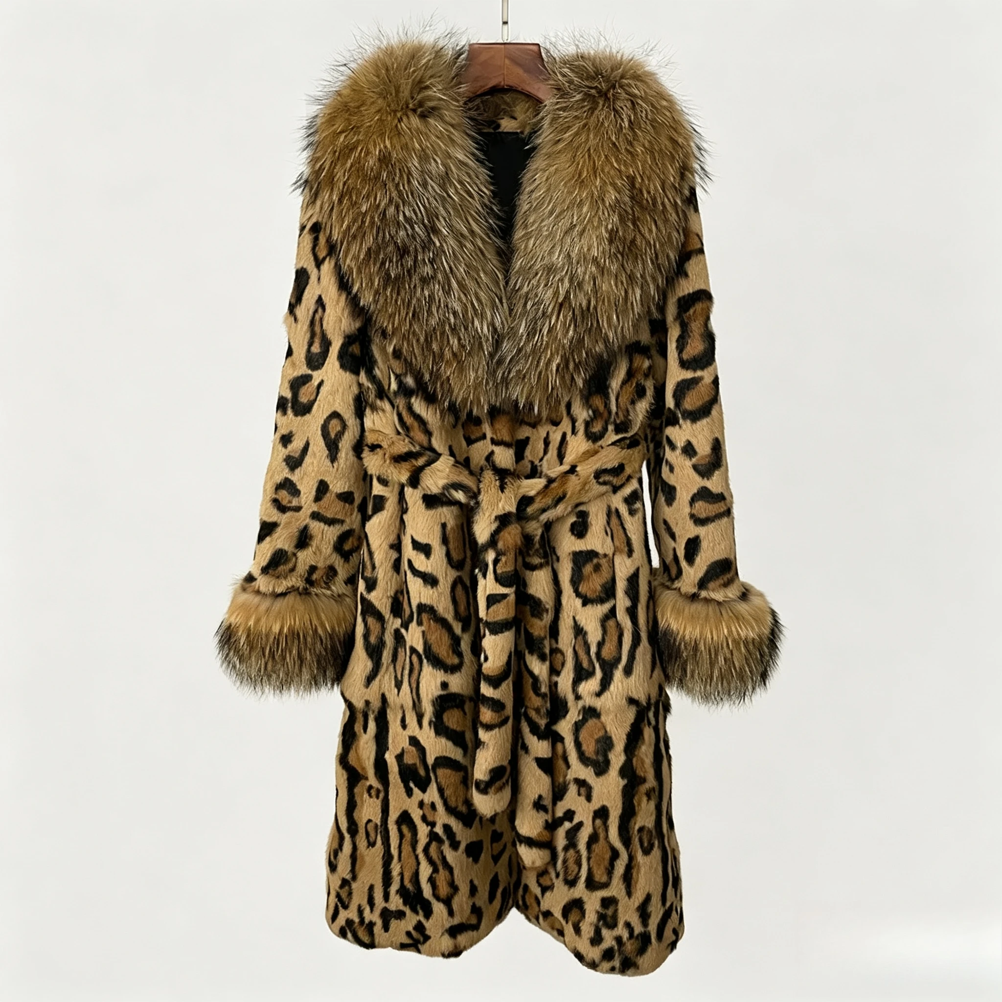 (Rabbit Beauty) New Leopard Print Rabbit Fur Coat, Fashionable One-piece Coat + Oversized Raccoon Fur Collar
(Rabbit Beauty) New Leopard Print Rabbit Fur Coat, Fashionable One-piece Coat + Oversized Raccoon Fur Collar