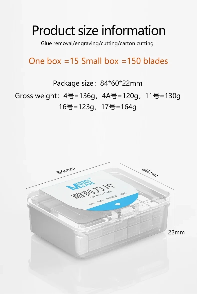 150pcs MaAnt M077 Carving Blade #4A#4#17#16#11 glue Removal Engraving Carton Cutting Blades Knifes Wood Carving PCB Phone Repair
150pcs MaAnt M077 Carving Blade #4A#4#17#16#11 glue Removal Engraving Carton Cutting Blades Knifes Wood Carving PCB Phone Repair
