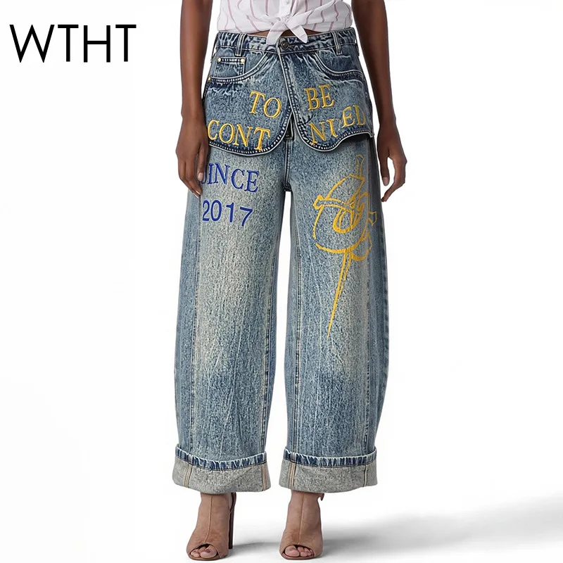 WTHT Fashion Women's Retro Letter Print Fake Two-piece Jeans 2026 Spring High Waist Wide Leg Denim Pants Female 1LS3015
WTHT Fashion Women's Retro Letter Print Fake Two-piece Jeans 2026 Spring High Waist Wide Leg Denim Pants Female 1LS3015